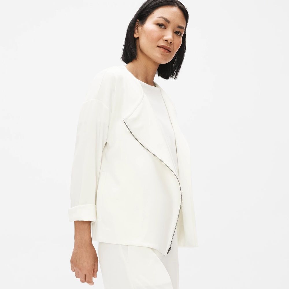 Eileen Fisher | Flex Tencel Ponte Round Neck Angled Zip Ivory Jacket S $298
